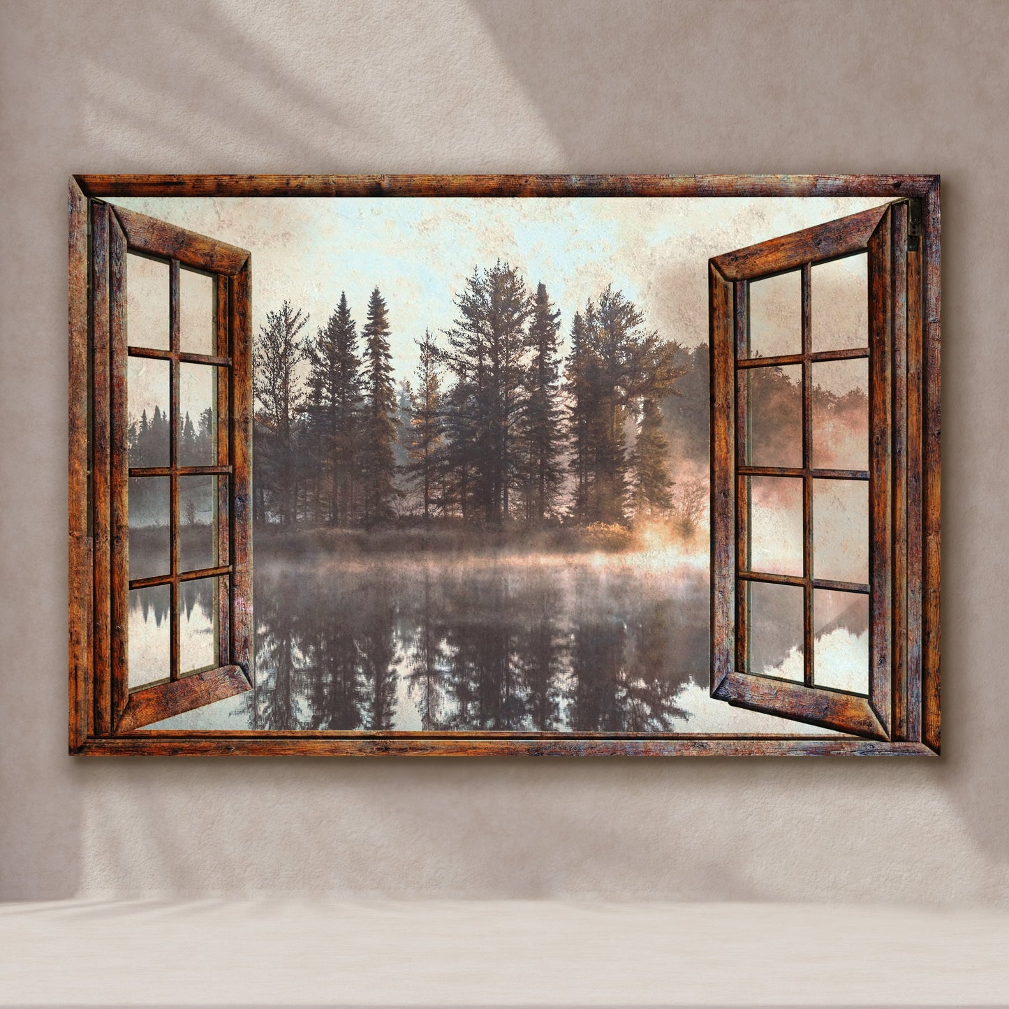 Foggy autumn lake view canvas wall art with misty water and warm fall colors