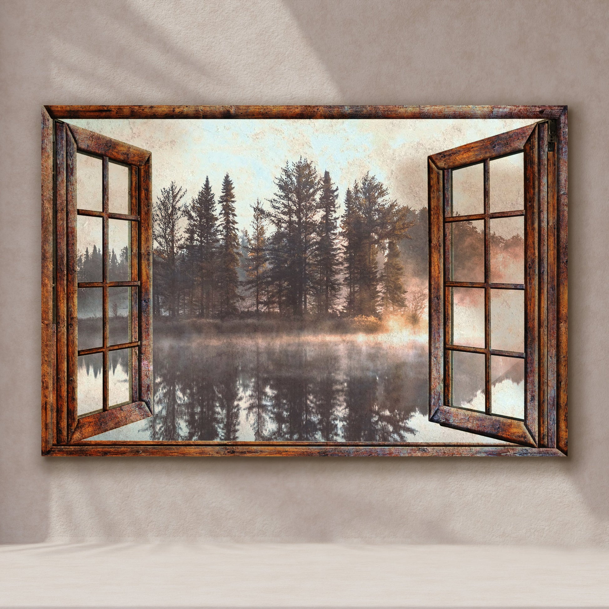 Foggy autumn lake view canvas wall art with misty water and warm fall colors