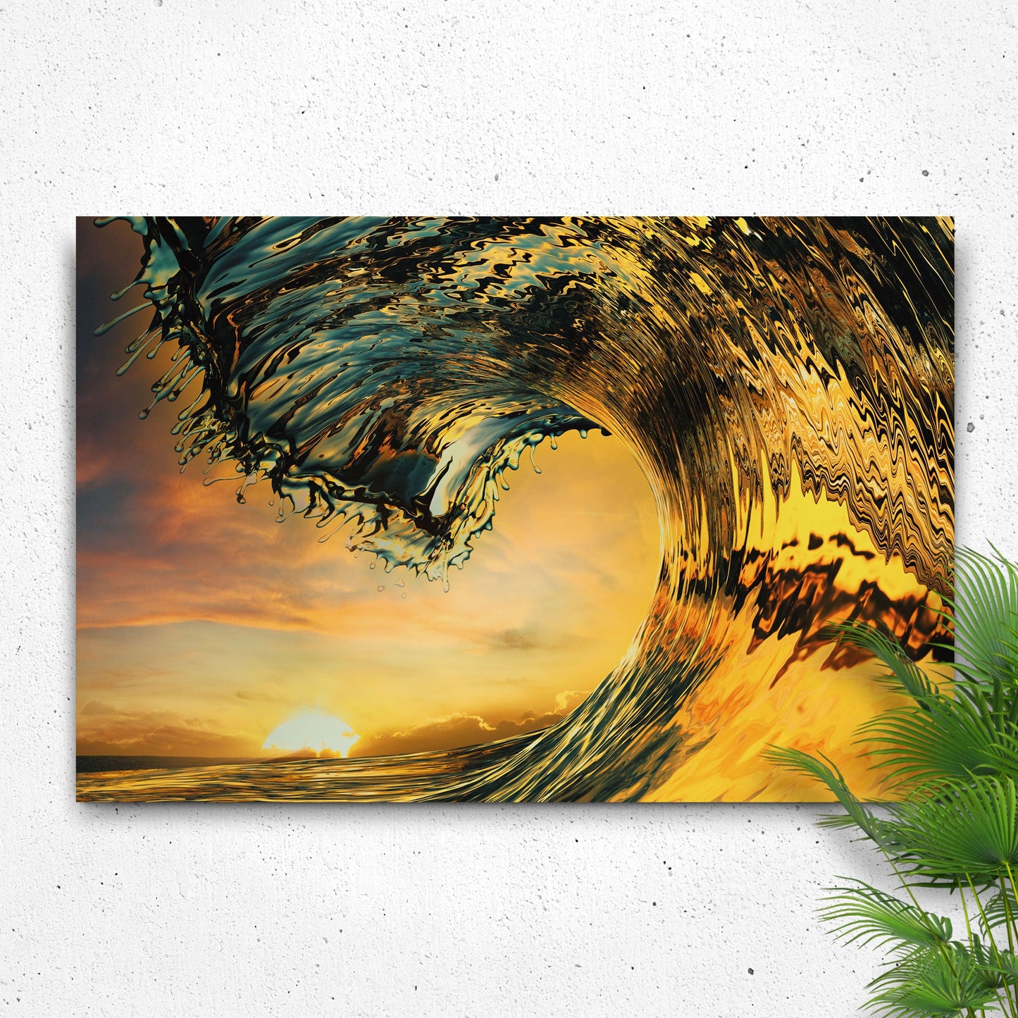 Sunset ocean wave coastal canvas wall art in warm vibrant tones, ready to hang