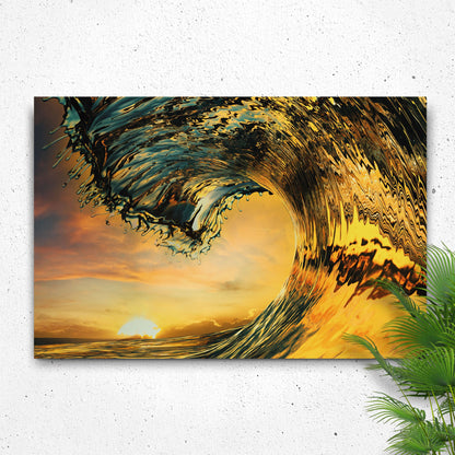 Sunset ocean wave coastal canvas wall art in warm vibrant tones, ready to hang