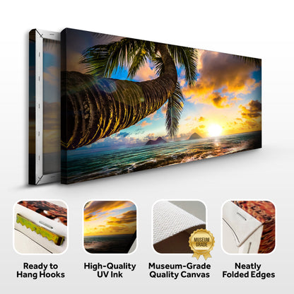 Palm tree sunset canvas front and side, with text: Ready to Hang Hooks, High-Quality UV Ink, Museum-Grade Quality Canvas, Neatly Folded Edges