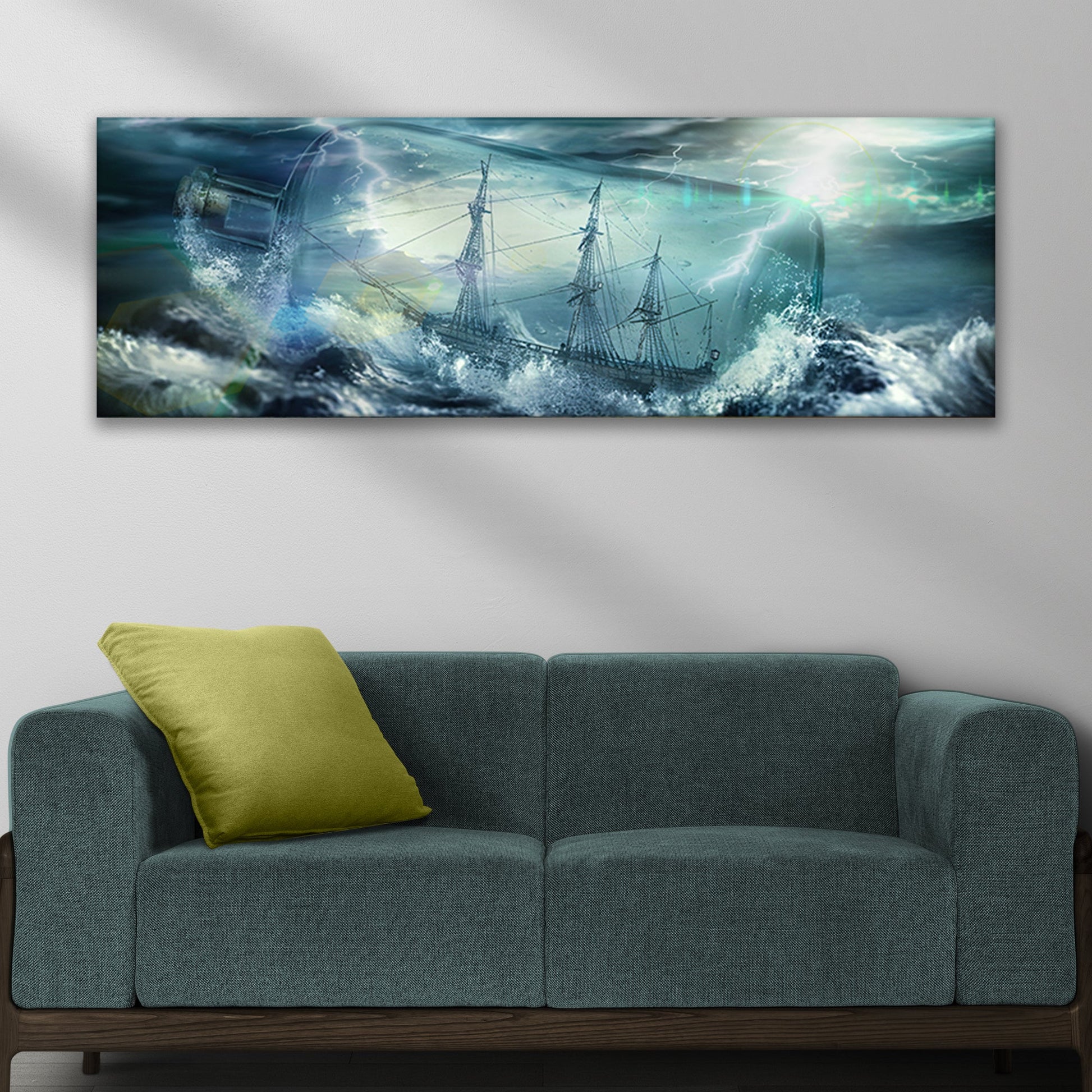 Detailed sailing ship inside a glass bottle, nautical canvas wall art
