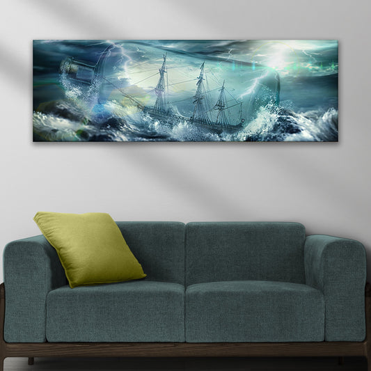 Detailed sailing ship inside a glass bottle, nautical canvas wall art