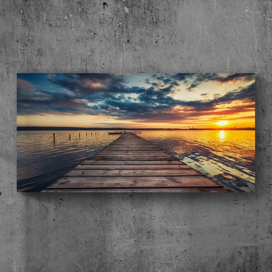 Wooden dock reaching over a vibrant colorful lake, landscape canvas wall art