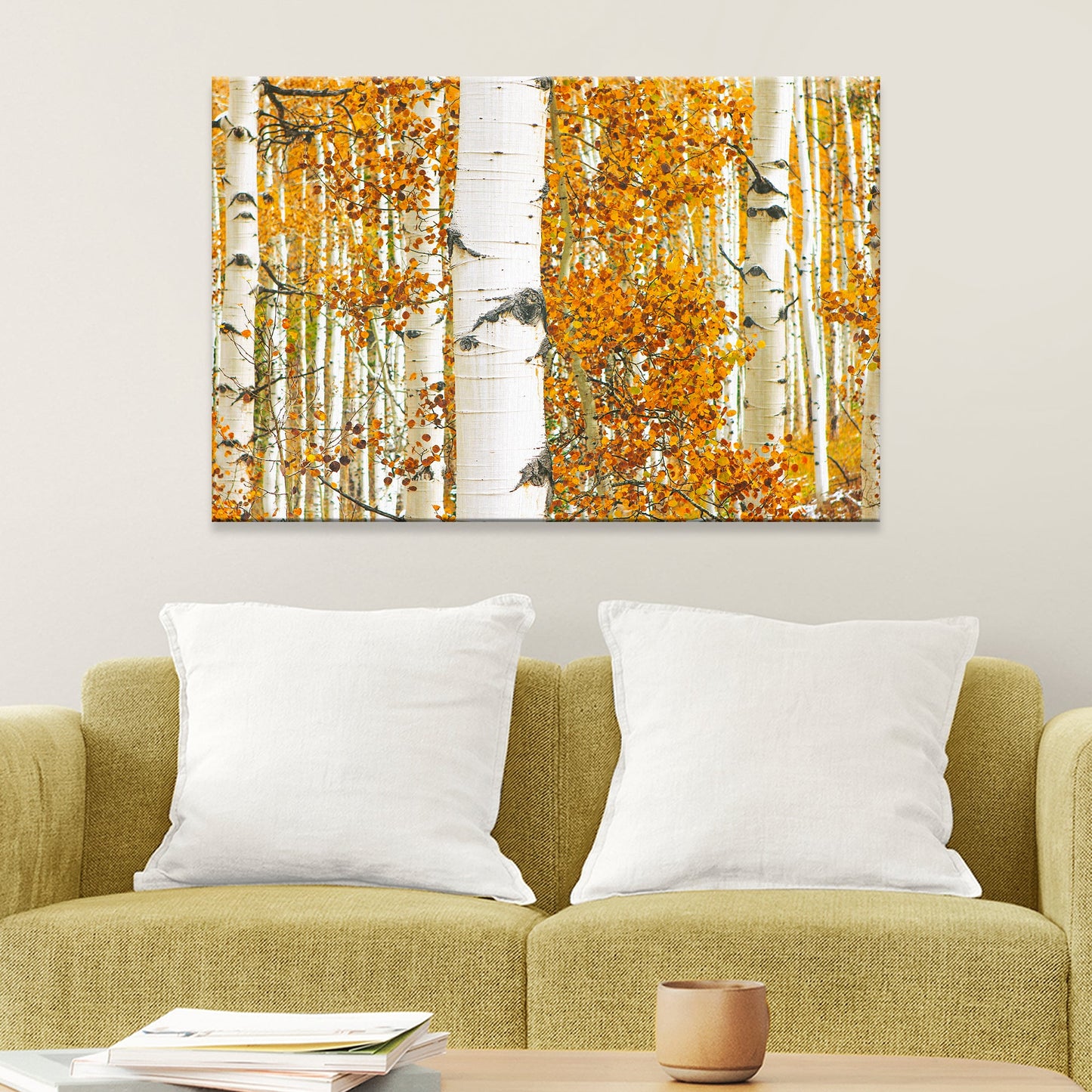 Tree trunks in a golden autumn forest canvas wall art