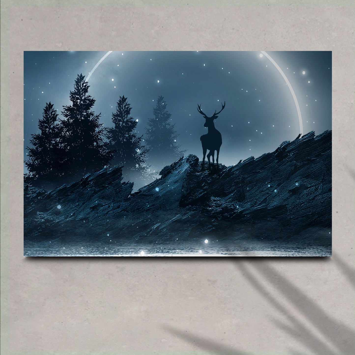 Midnight deer wildlife canvas wall art — dramatic buck against dark background gallery wrapped