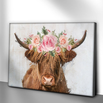 Highland cow with flower crown canvas shown at an angle on a gray wall