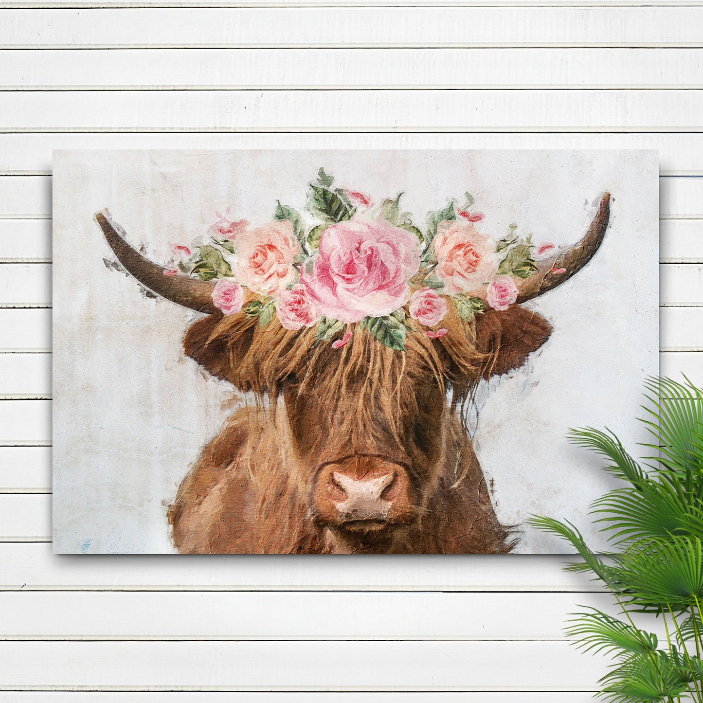 Highland cow floral wreath painting canvas wall art combining shaggy highland cow with lush flower wreath in warm farmhouse style