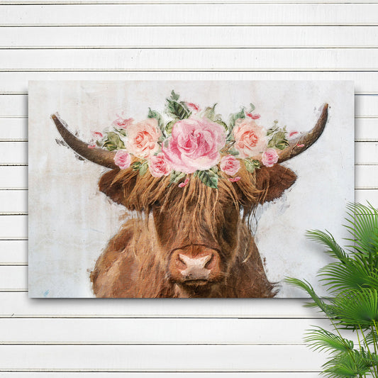 Highland cow floral wreath painting canvas wall art combining shaggy highland cow with lush flower wreath in warm farmhouse style