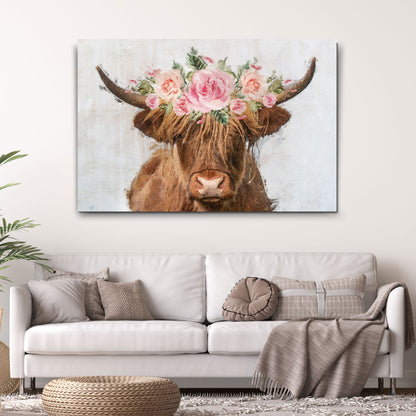 Highland Cow with Flower Crown canvas shown in a styled room setting, view 3