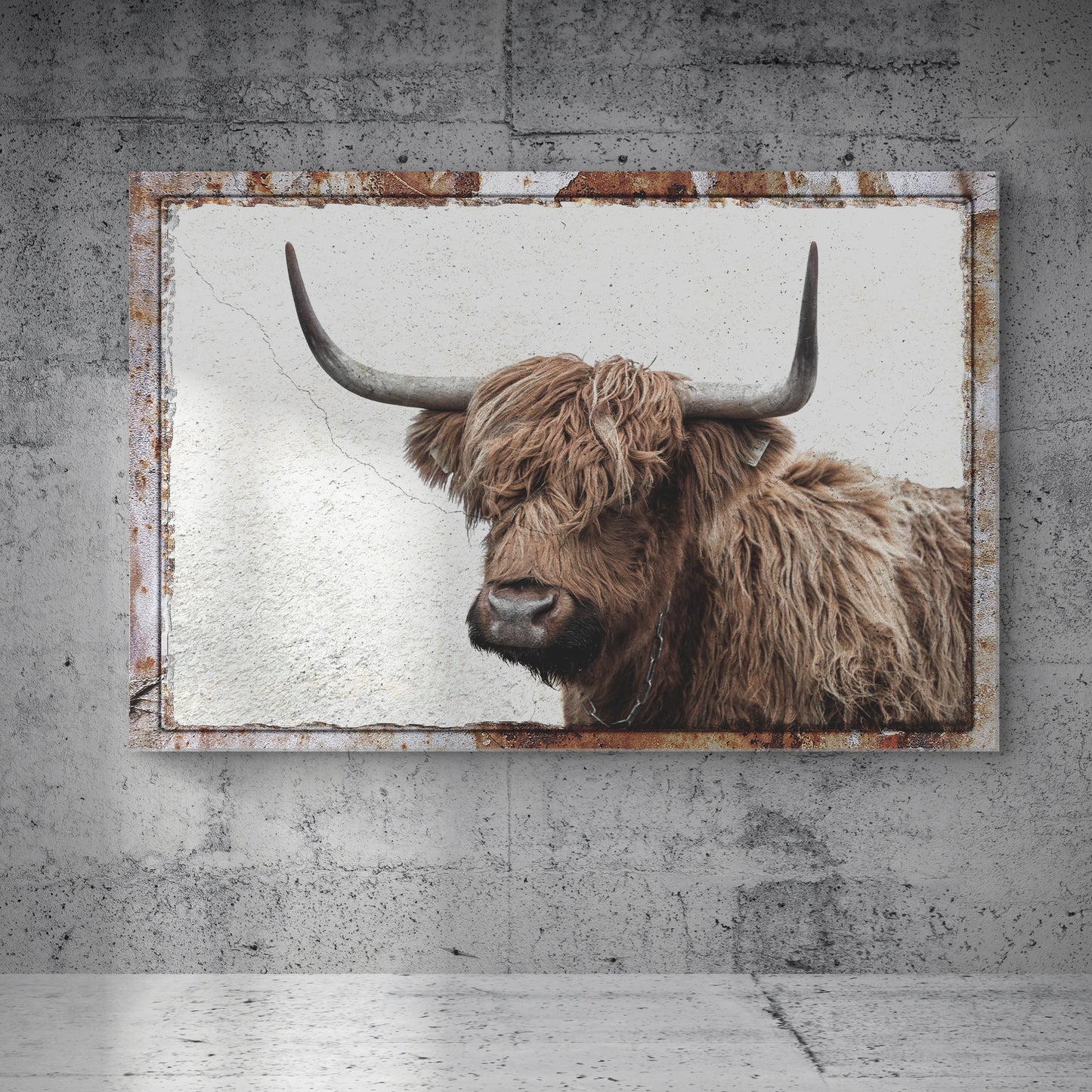 Highland cow rustic canvas wall art in warm earthy tones for farmhouse living room or kitchen decor