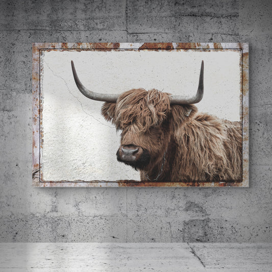 Highland cow rustic canvas wall art in warm earthy tones for farmhouse living room or kitchen decor