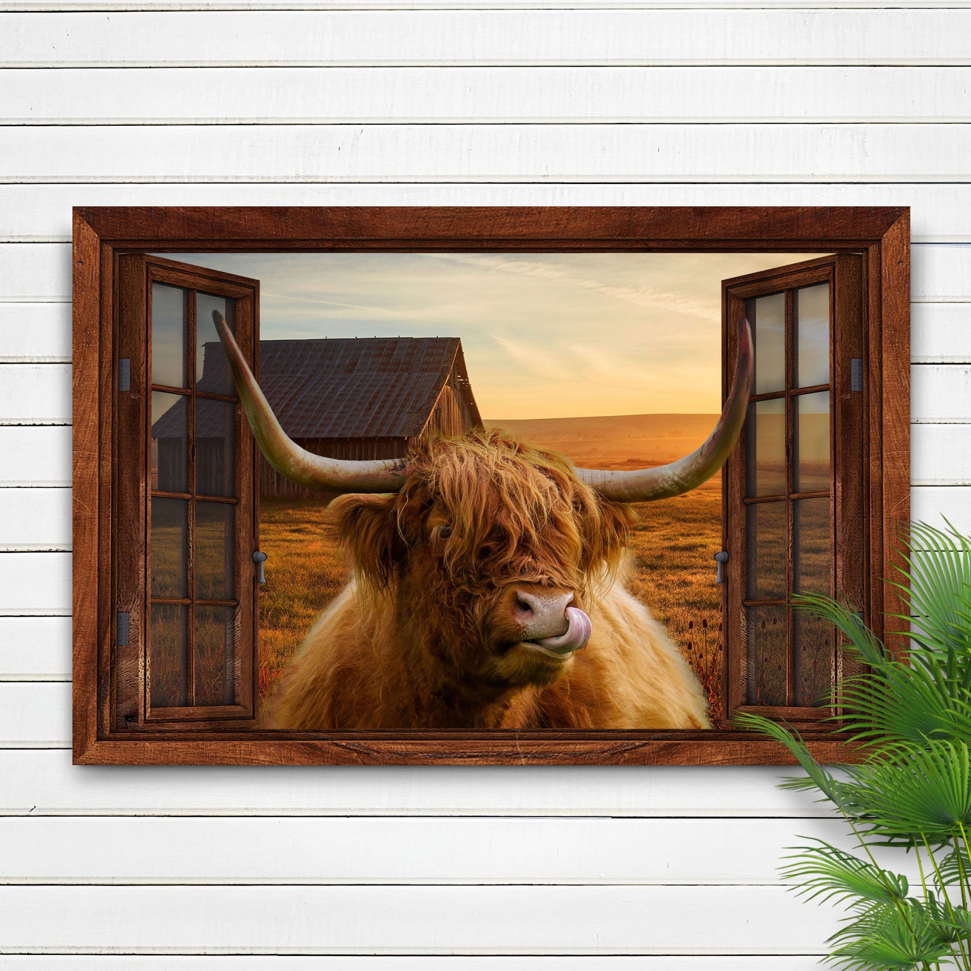 Highland cow window view canvas wall art showing a highland cow framed through a cozy window scene on gallery-wrapped canvas