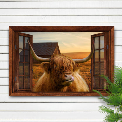 Highland cow window view canvas wall art showing a highland cow framed through a cozy window scene on gallery-wrapped canvas