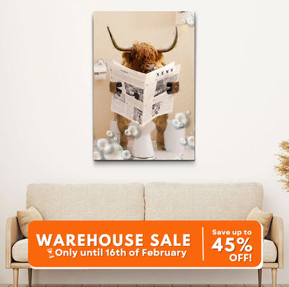 Highland cow reading a newspaper canvas wall art