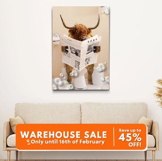 Highland cow reading a newspaper canvas wall art