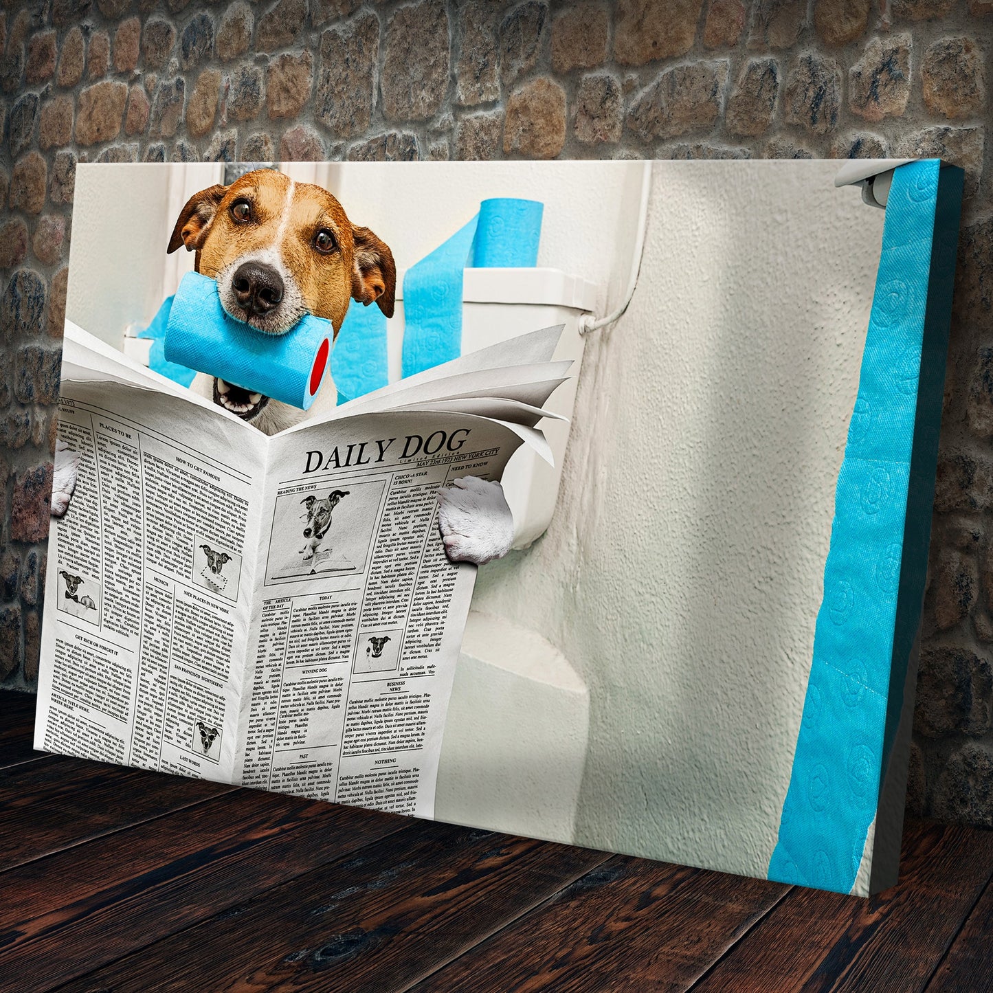 Dog Reading Newspaper on Toilet Funny Canvas Wall Art