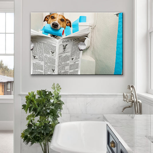 Funny dog reading newspaper on toilet humorous canvas wall art for bathroom