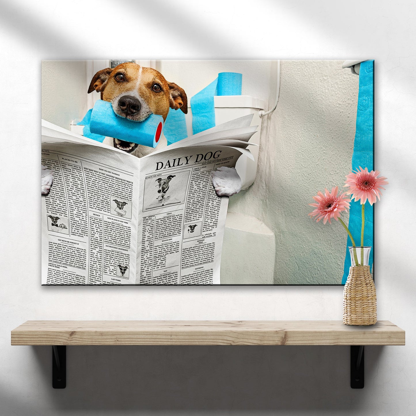 Dog Reading Newspaper on Toilet Funny Canvas Wall Art
