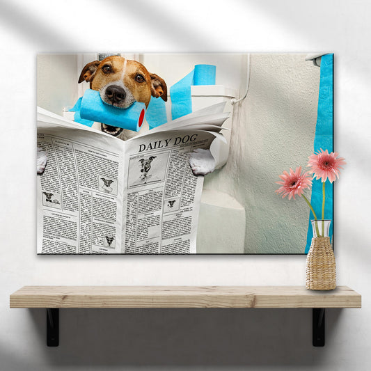 Dog Reading Newspaper on Toilet Funny Canvas Wall Art