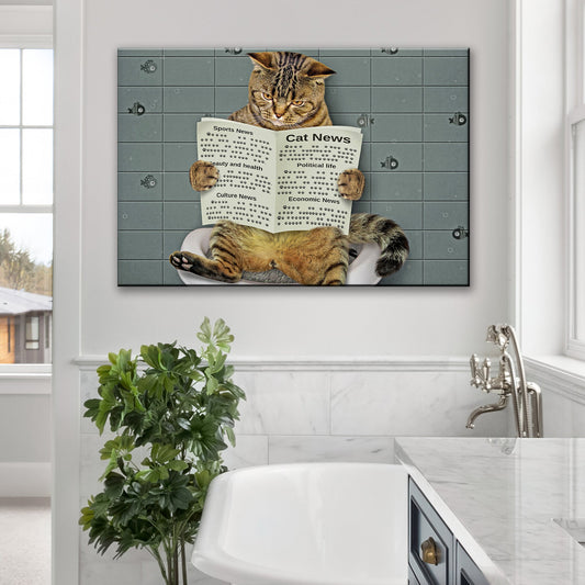 Funny cat reading newspaper on toilet canvas wall art