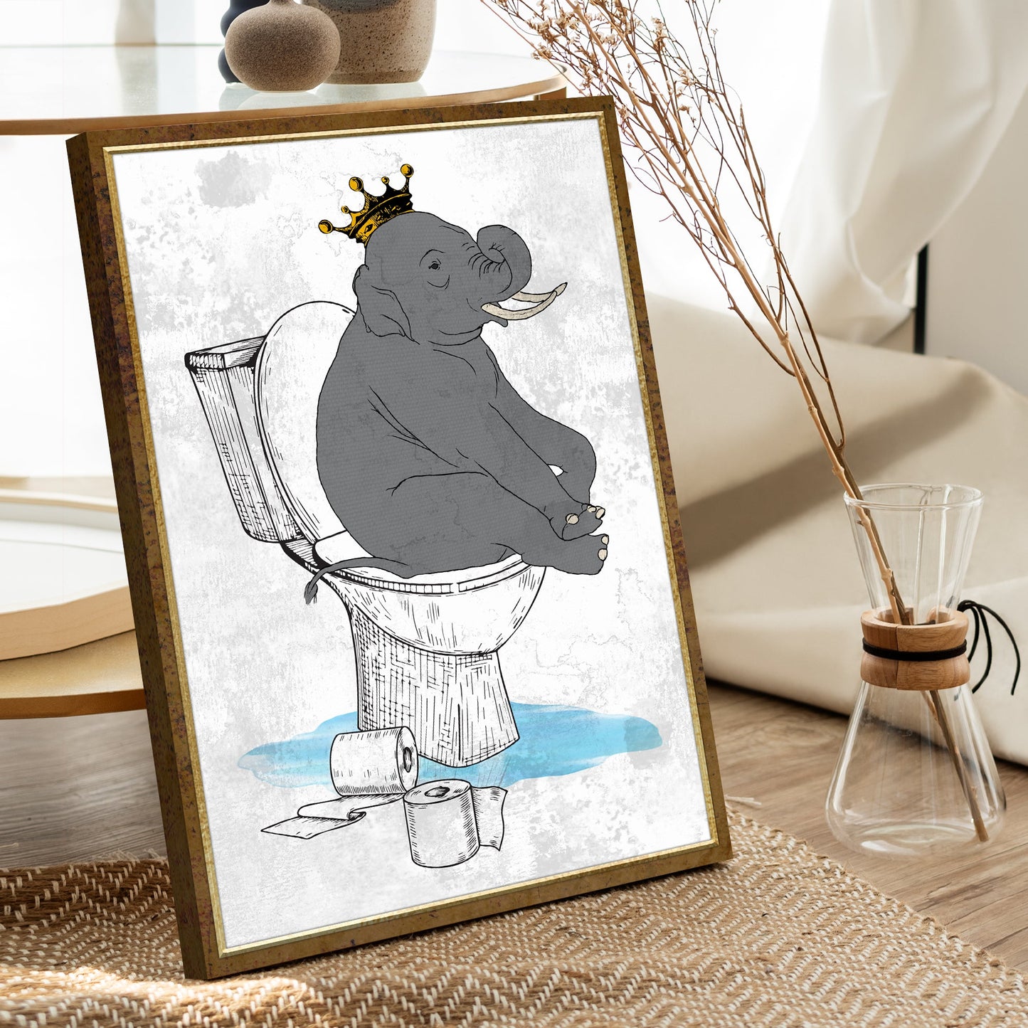 King Elephant on Toilet Funny Canvas Wall Art