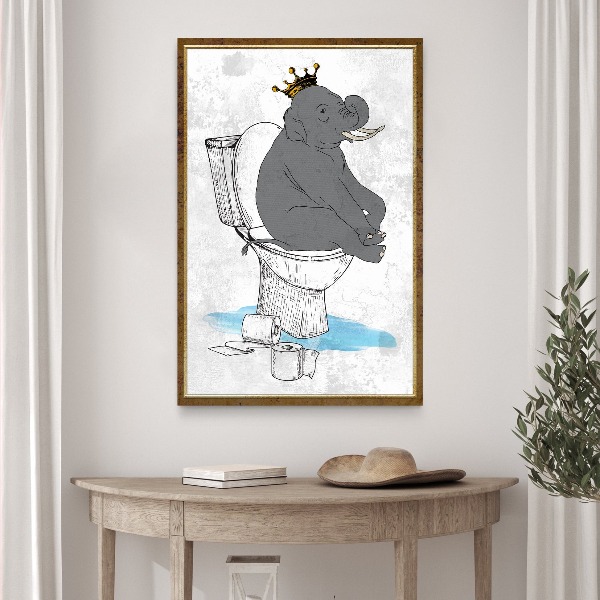 King elephant on toilet funny canvas wall art - humorous animal decor gallery wrapped