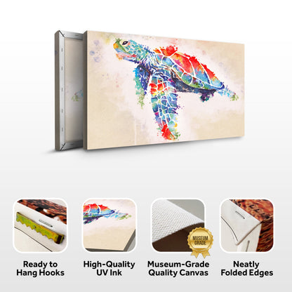 Rainbow sea turtle canvas front and side, with text: Ready to Hang Hooks, High-Quality UV Ink, Museum-Grade Quality Canvas, Neatly Folded Edges