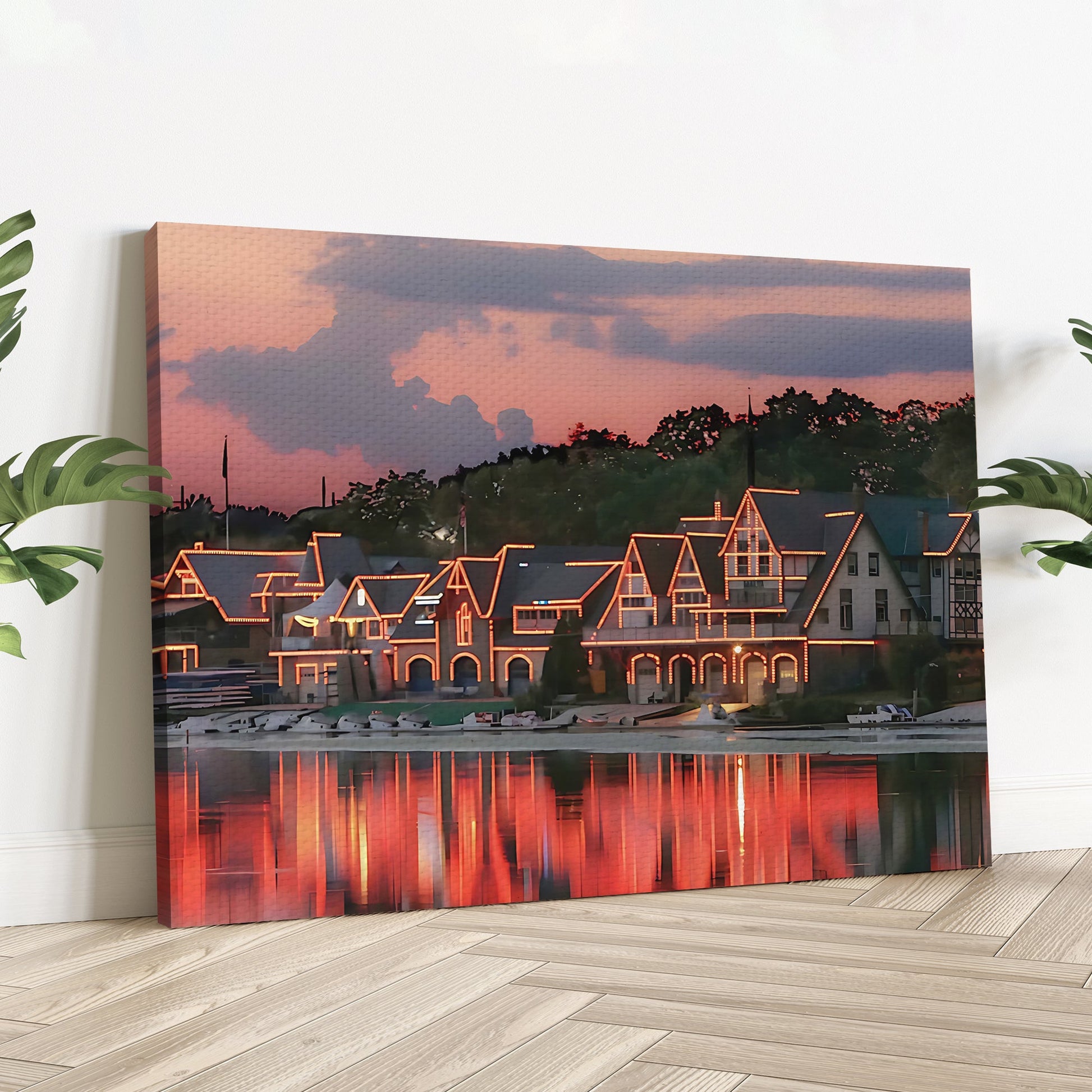 Philadelphia Boathouse Row canvas wall art with vibrant architectural cityscape along the Schuylkill River on gallery-wrapped canvas