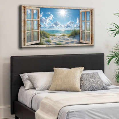 Morning beach window scenery canvas wall art with a soft open feel, ready to hang