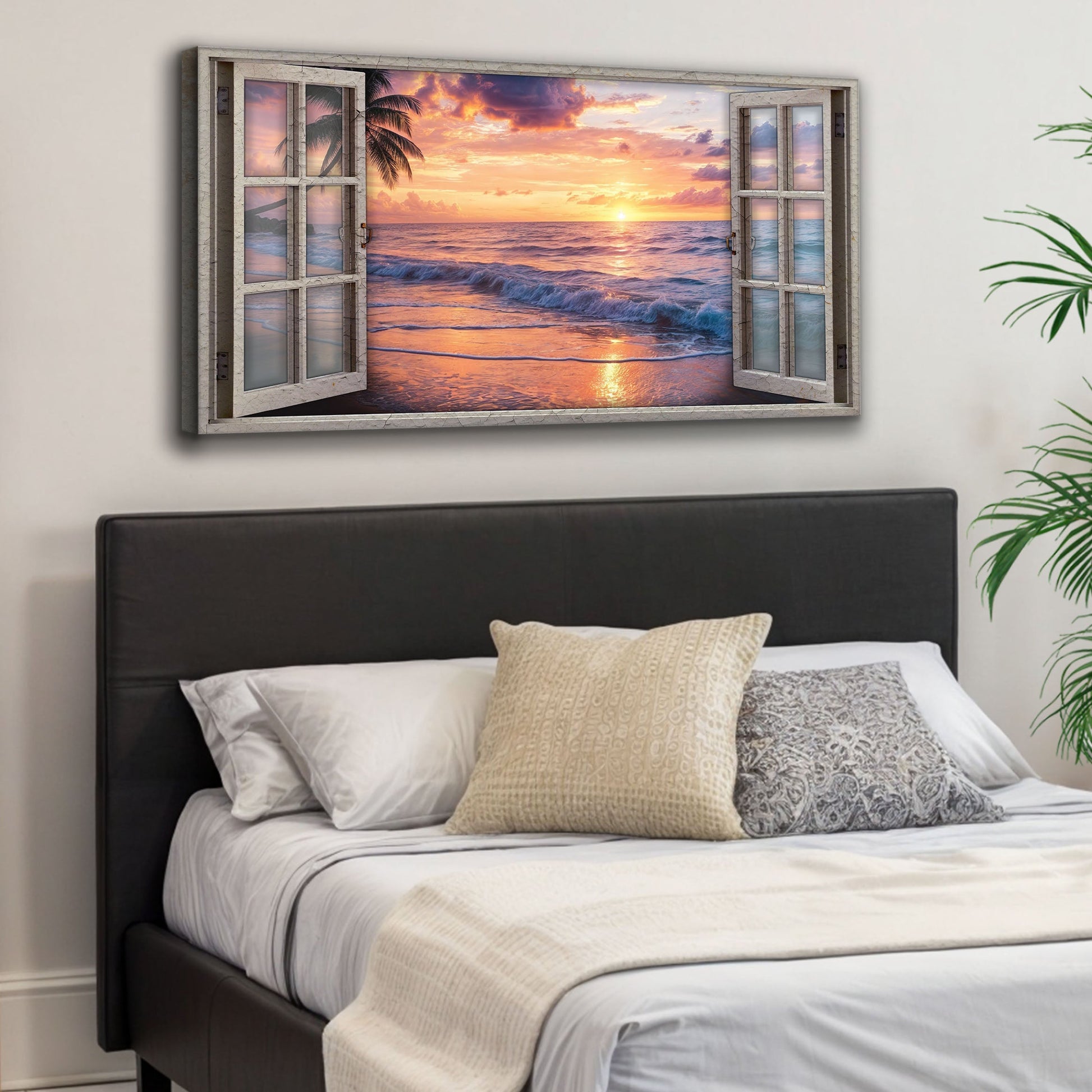 Sunset beach window scenery canvas wall art with a soft warm glow, ready to hang