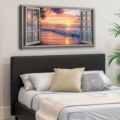 Sunset beach window scenery canvas wall art with a soft warm glow, ready to hang