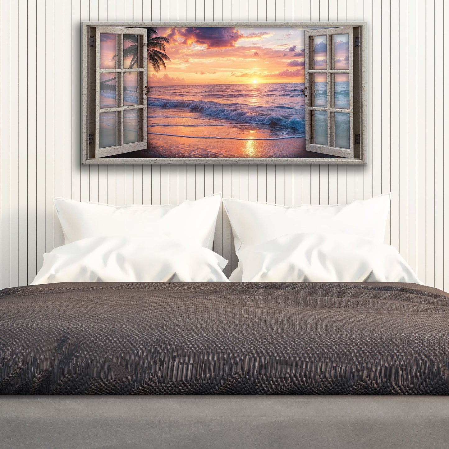 Sunset Beach Window Scenery Canvas Wall Art
