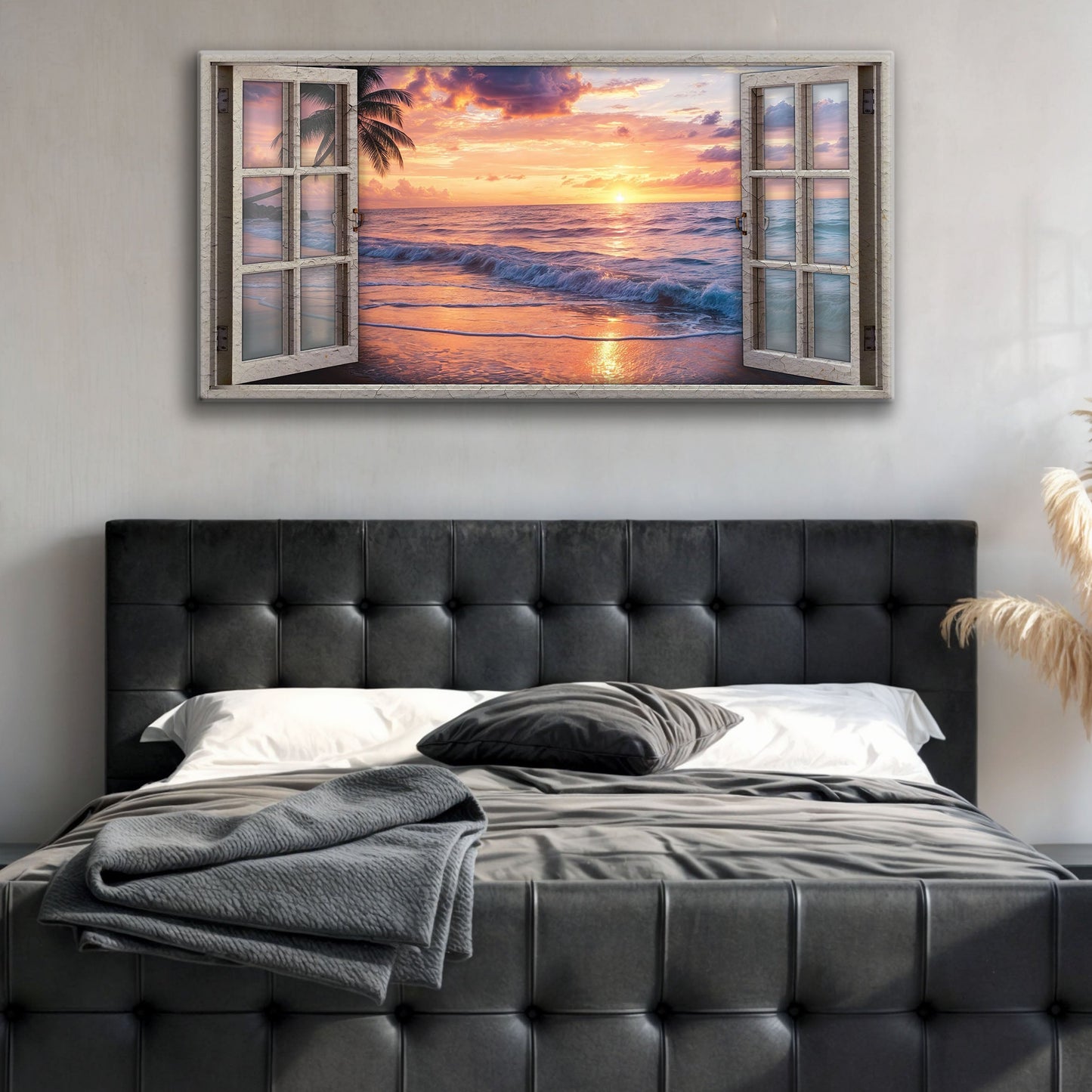 Sunset Beach Window Scenery Canvas Wall Art