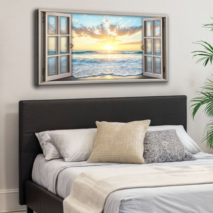 Sunrise beach window scenery canvas wall art with a warm open view, ready to hang