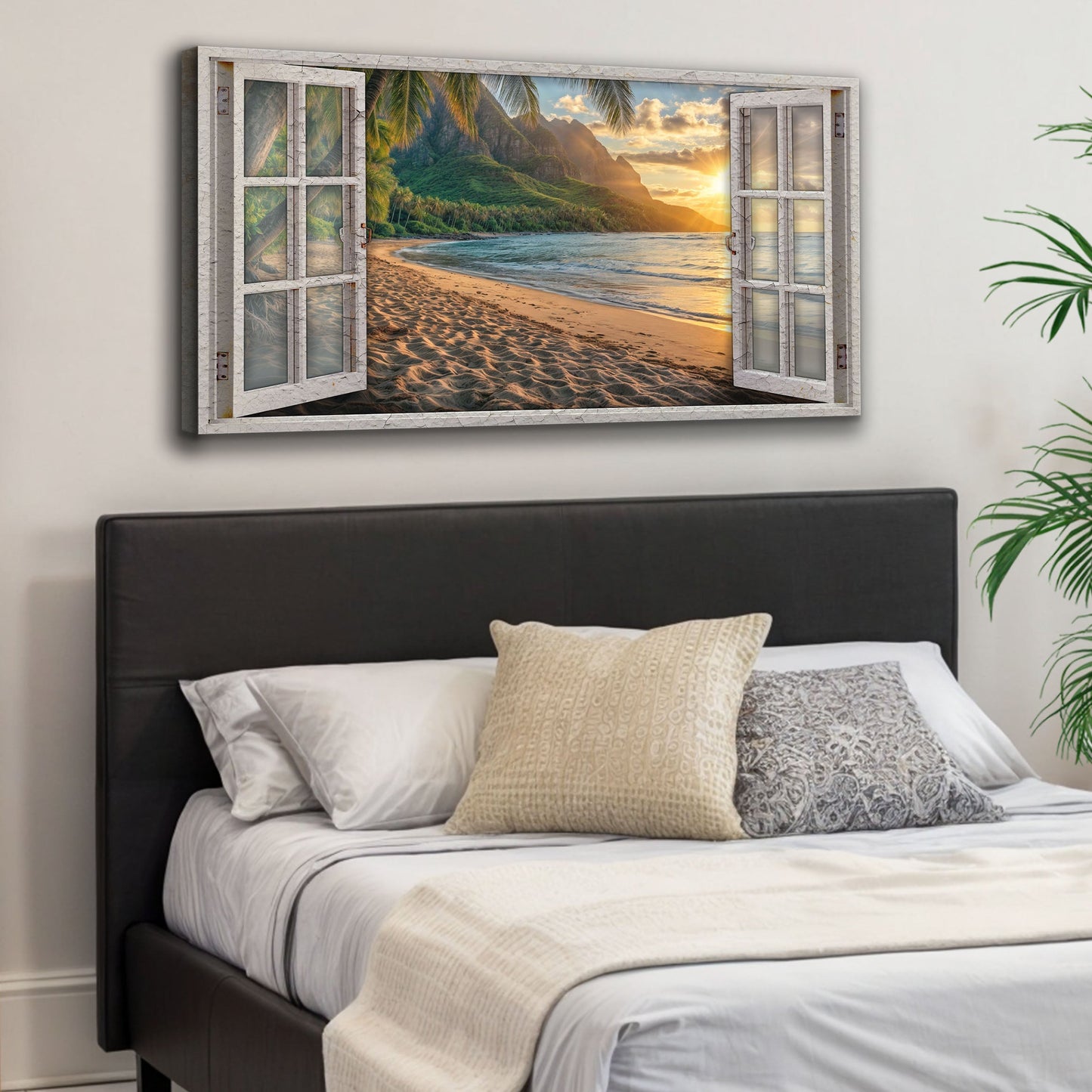 Window view of beachfront ocean scene — coastal canvas wall art