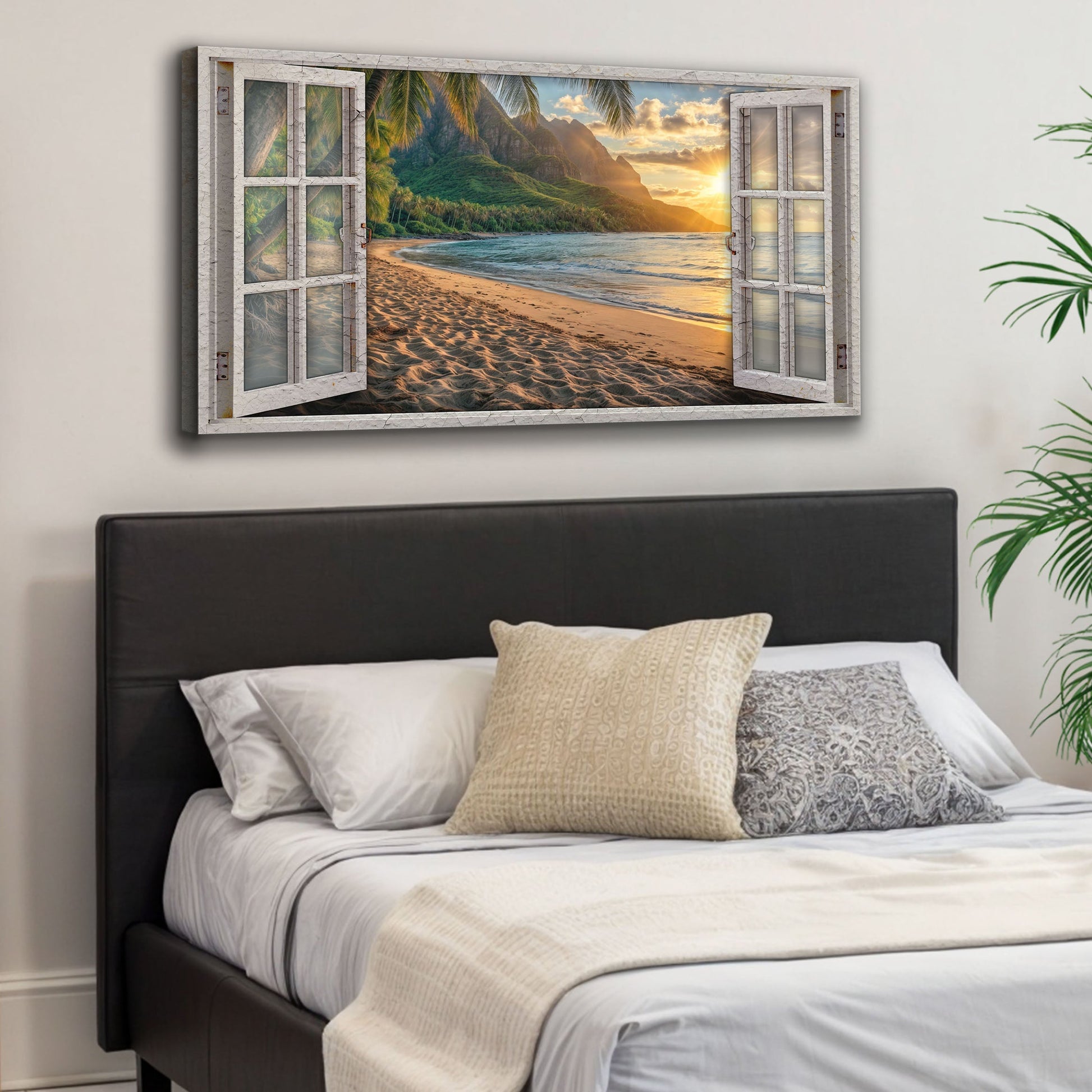 Window view of beachfront ocean scene — coastal canvas wall art