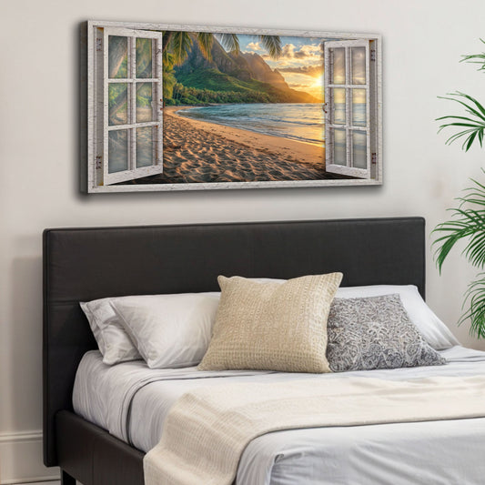 Window view of beachfront ocean scene — coastal canvas wall art