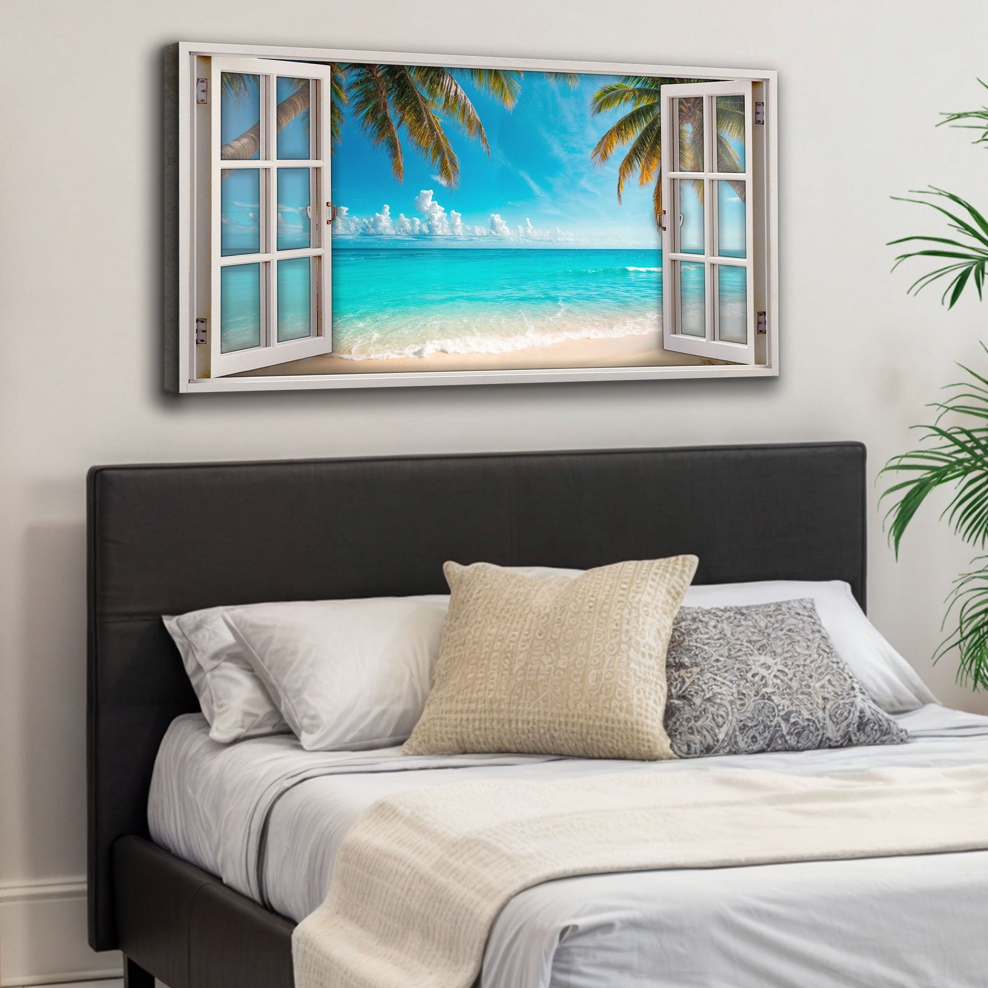 Coconut palm beach window scenery canvas wall art, tropical coastal view print