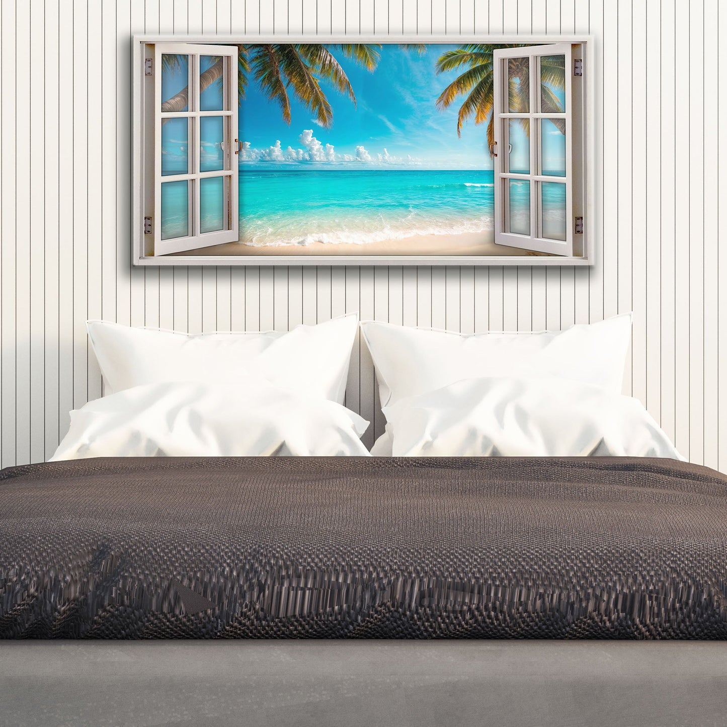 Coconut Palm Beach Window Scenery Canvas Wall Art