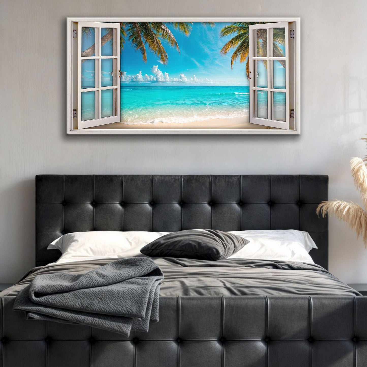 Coconut Palm Beach Window Scenery Canvas Wall Art