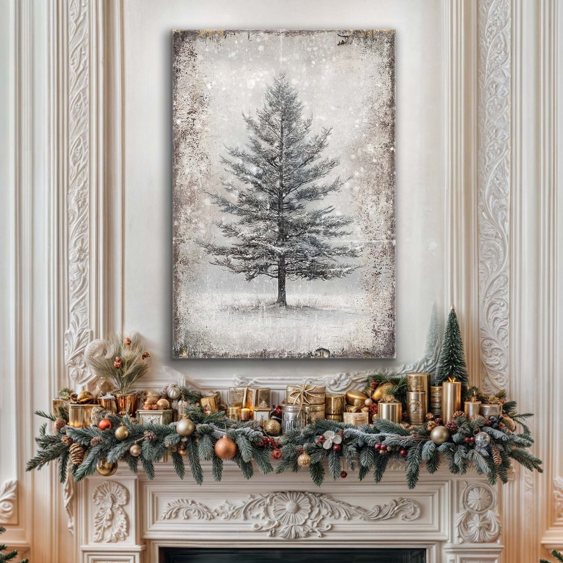 Vintage Christmas Tree canvas wall art VII, deep green and gold illustrated Christmas tree
