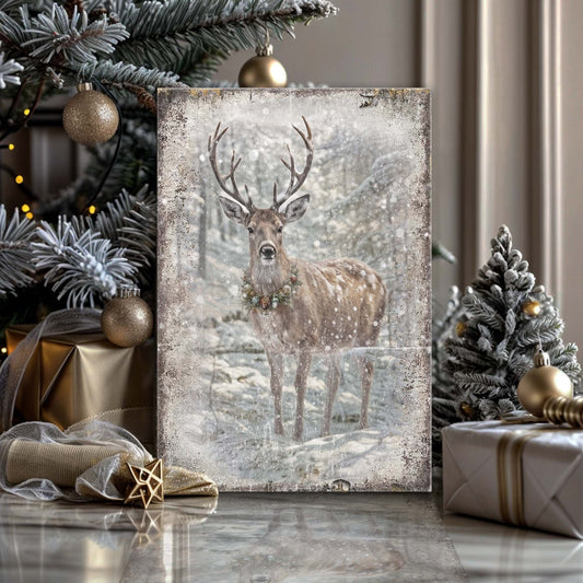 Vintage winter deer canvas wall art III, warm rustic deer design on premium gallery canvas