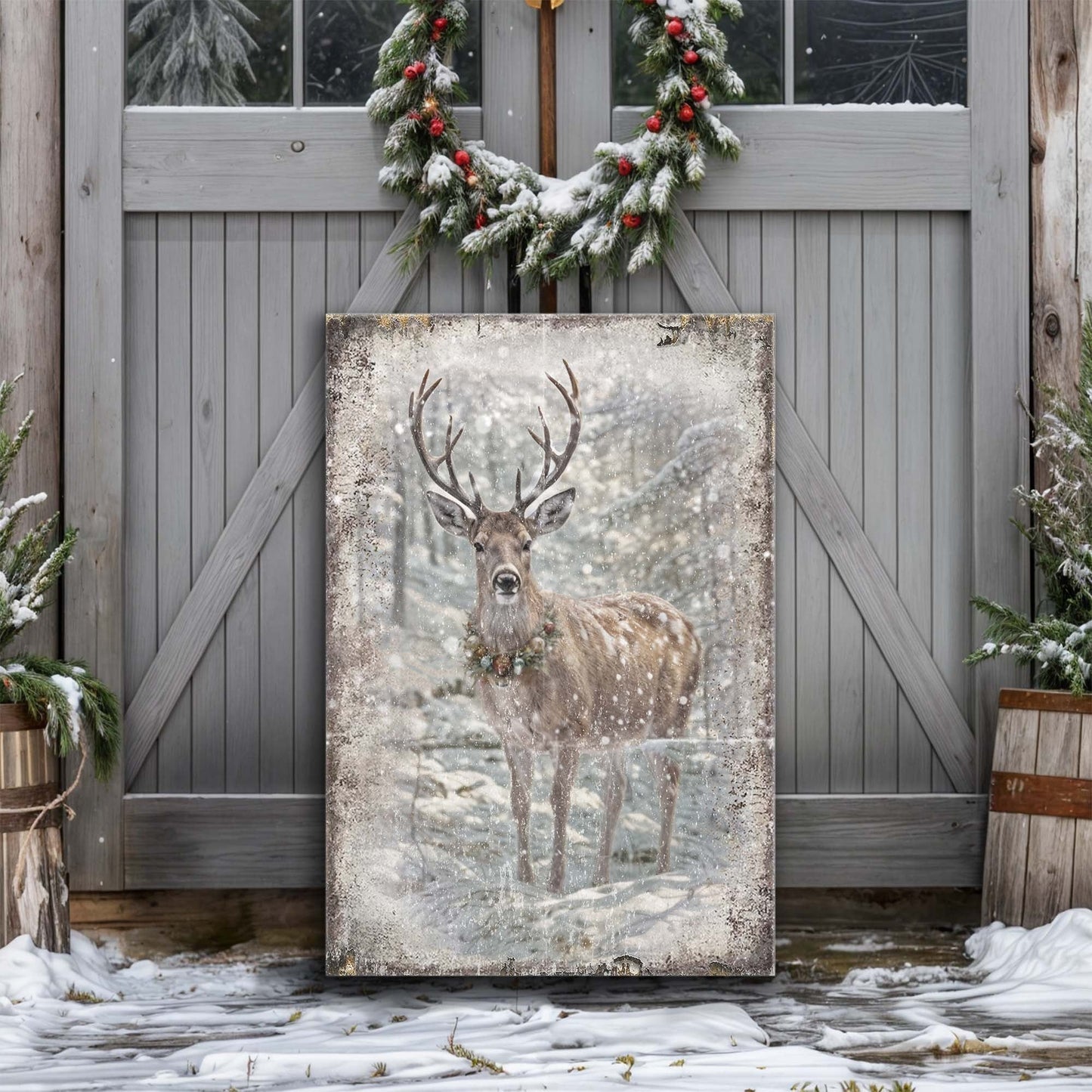 Vintage Winter Deer Canvas Wall Art III