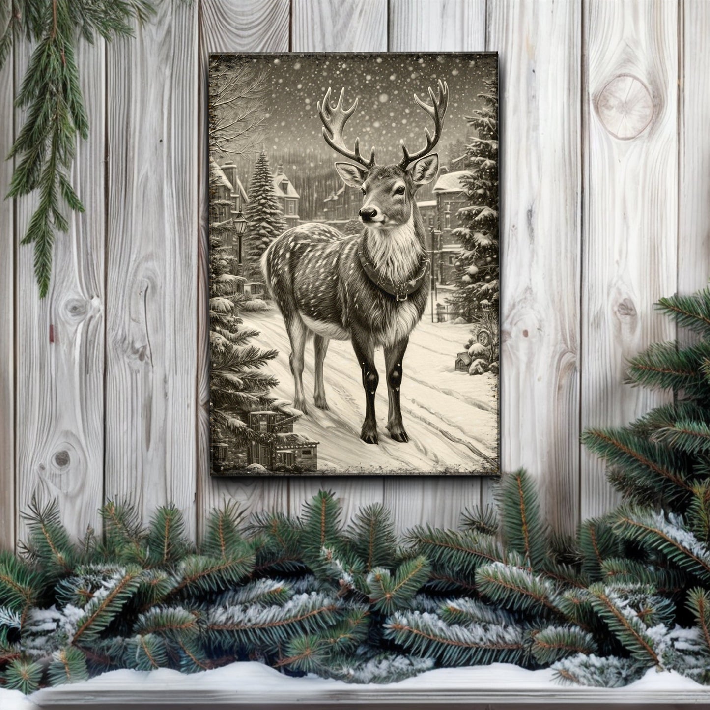 Vintage Winter Deer Canvas Wall Art II