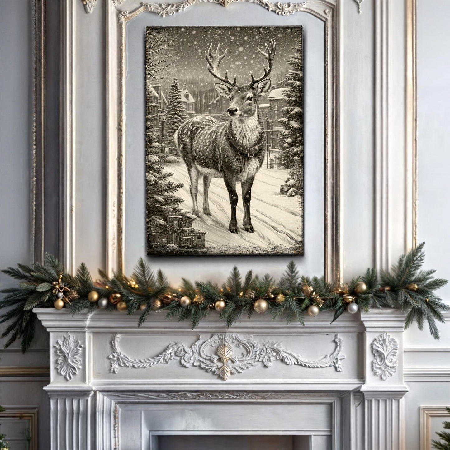 Vintage winter deer canvas wall art II, rustic deer print on gallery-wrapped canvas