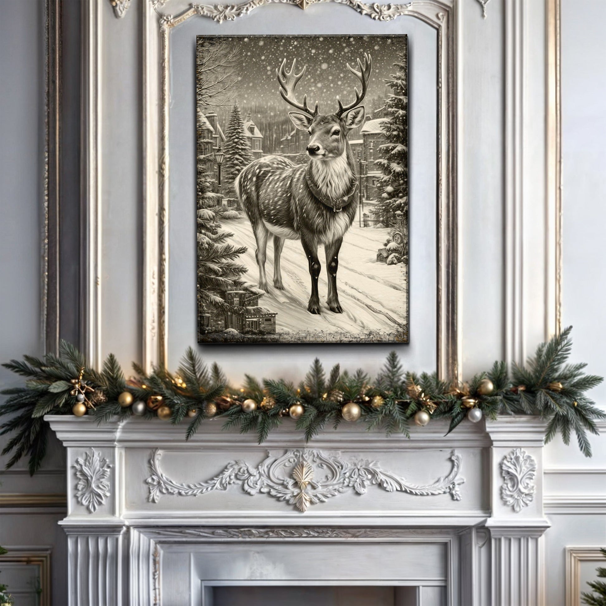 Vintage winter deer canvas wall art II, rustic deer print on gallery-wrapped canvas