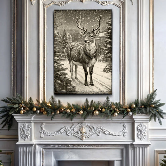 Vintage winter deer canvas wall art II, rustic deer print on gallery-wrapped canvas