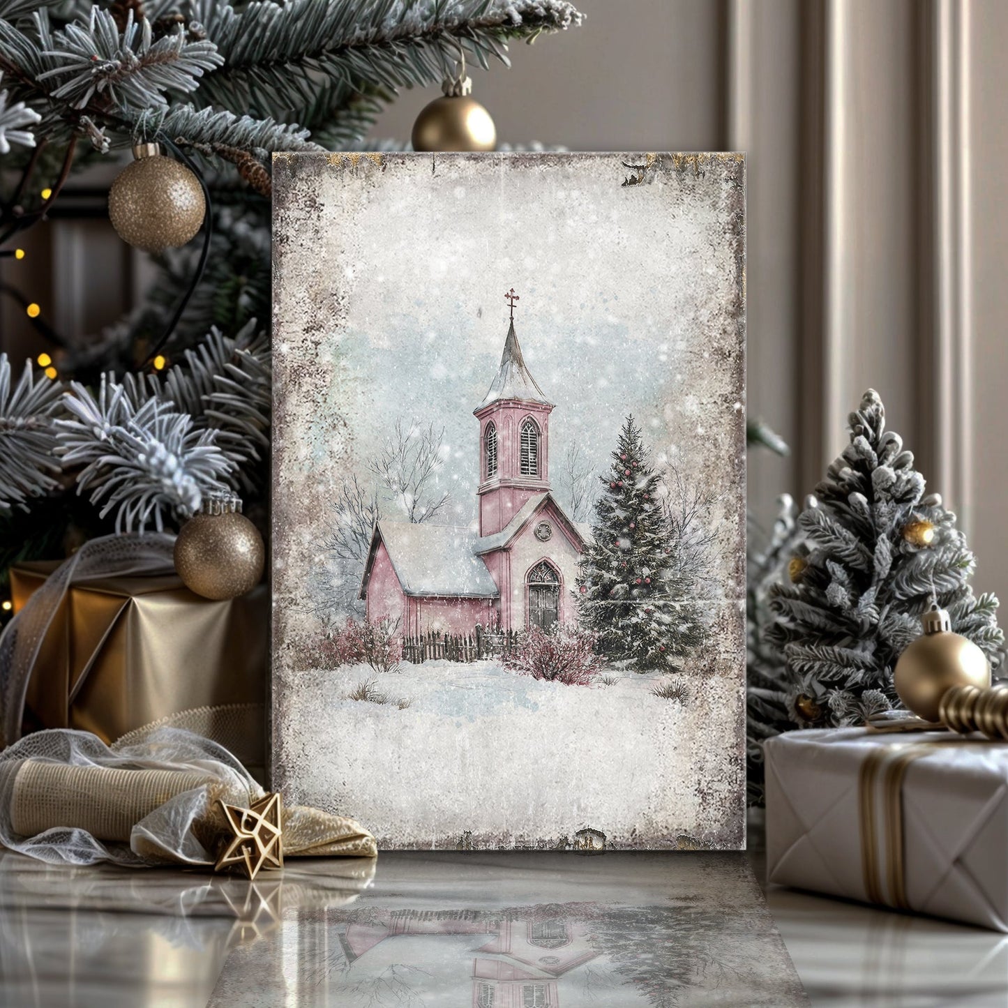 Vintage Church Christmas canvas wall art, snow-dusted church illustration holiday decor