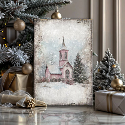 Canvas of a pink church in snow beside an evergreen, standing among wrapped gifts near a Christmas tree